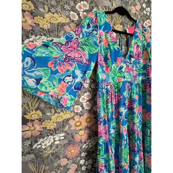Lilly Pulitzer Rease Maxi Dress Butterfly Floral Print V Neck Tie Back Size 8 - Picture 5 of 12
